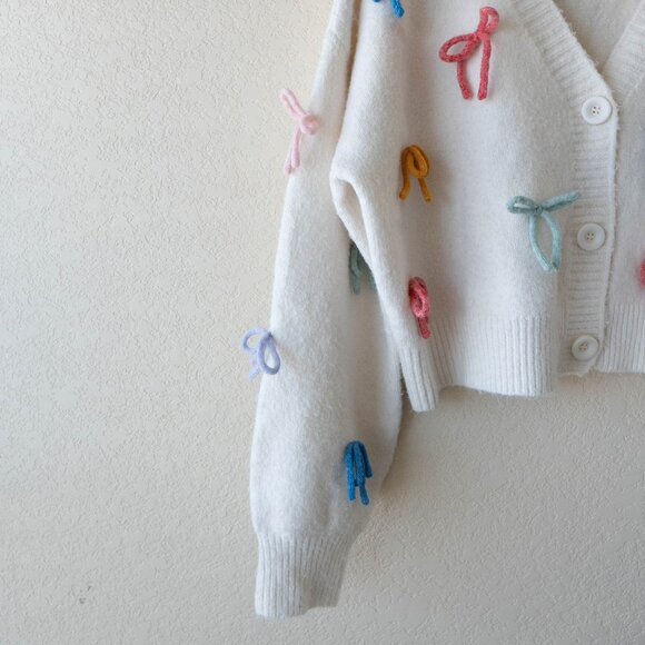 Cider Cardigan Sz M CreamKnit V-neck Multicolo Bows Oversized Cardigan Pastel - Picture 6 of 10